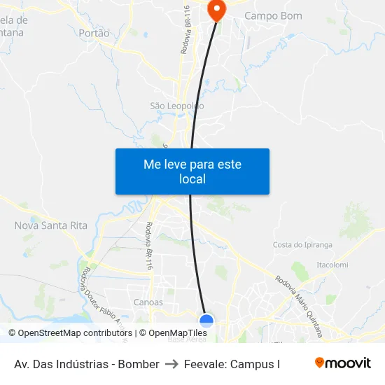 Av. Das Indústrias - Bomber to Feevale: Campus I map