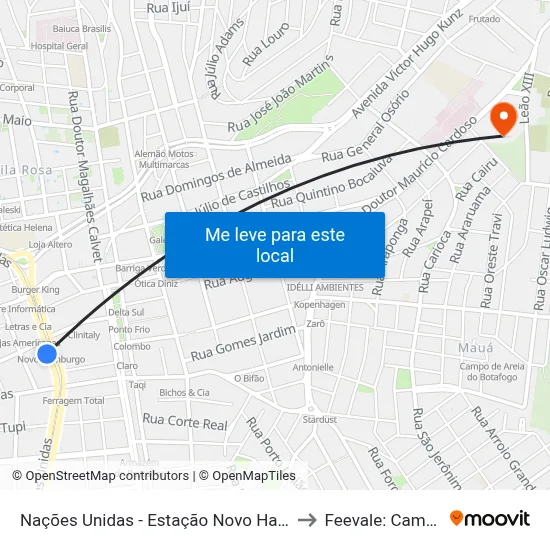 Nações Unidas - Estação Novo Hamburgo to Feevale: Campus I map