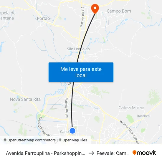 Avenida Farroupilha - Parkshopping Canoas to Feevale: Campus I map