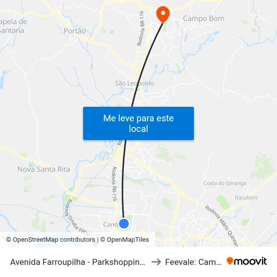 Avenida Farroupilha - Parkshopping Canoas to Feevale: Campus I map