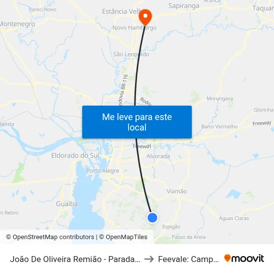João De Oliveira Remião - Parada 21-A to Feevale: Campus I map