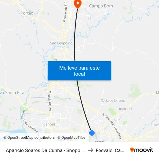 Aparício Soares Da Cunha - Shopping Do Vale to Feevale: Campus I map