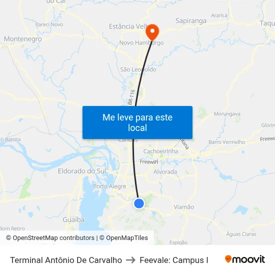 Terminal Antônio De Carvalho to Feevale: Campus I map