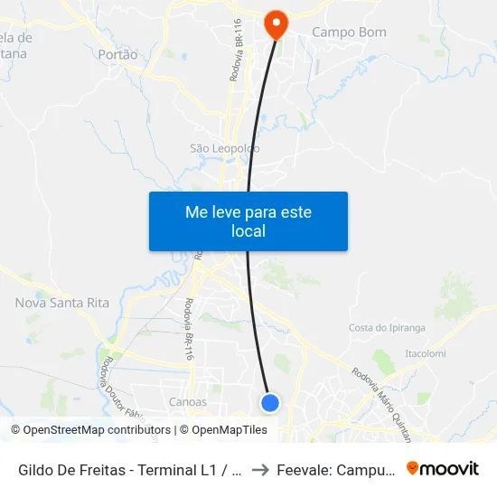 Gildo De Freitas - Terminal L1 / L2 to Feevale: Campus I map