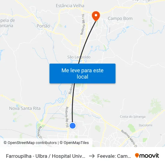 Farroupilha  - Ulbra / Hospital Universitário to Feevale: Campus I map