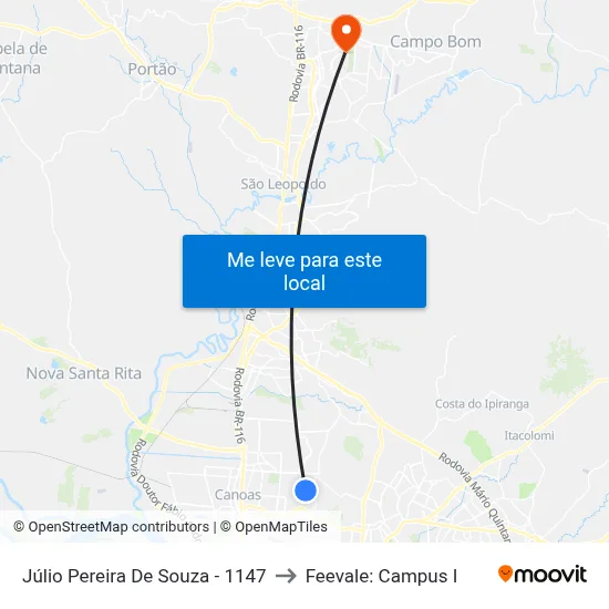 Júlio Pereira De Souza - 1147 to Feevale: Campus I map