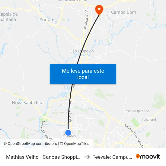 Mathias Velho - Canoas Shopping to Feevale: Campus I map
