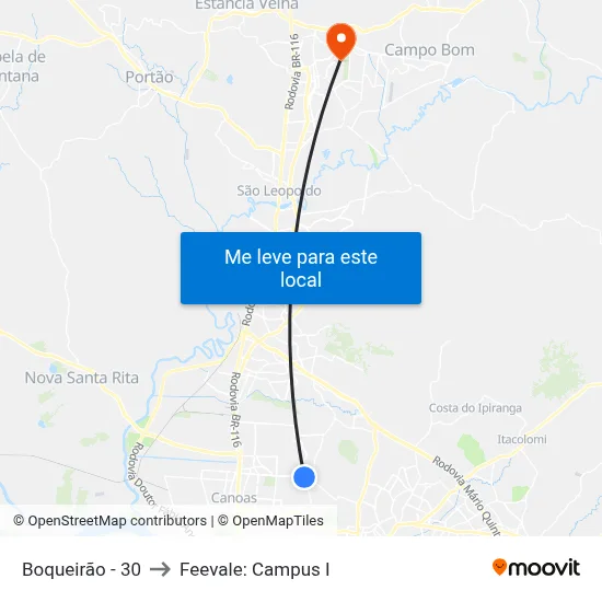 Boqueirão - 30 to Feevale: Campus I map