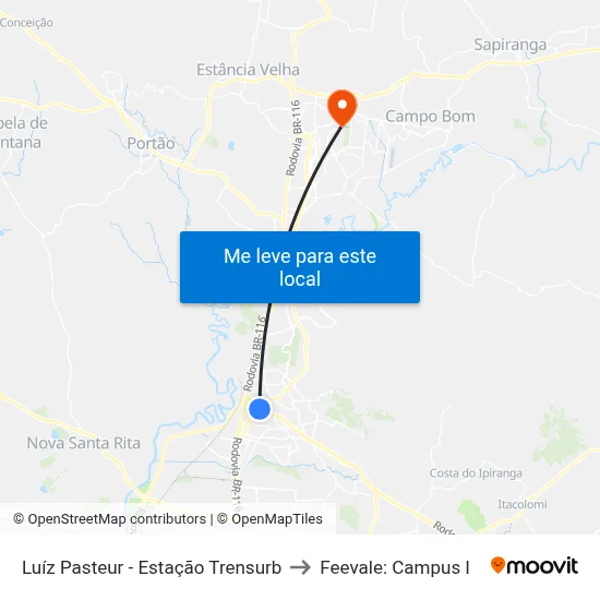 Luíz Pasteur - Estação Trensurb to Feevale: Campus I map