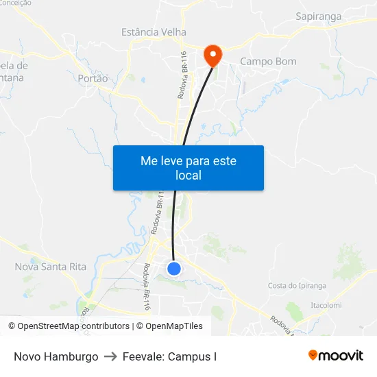Novo Hamburgo to Feevale: Campus I map