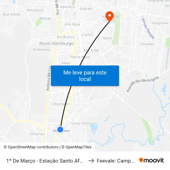 1º De Março - Estação Santo Afonso to Feevale: Campus I map