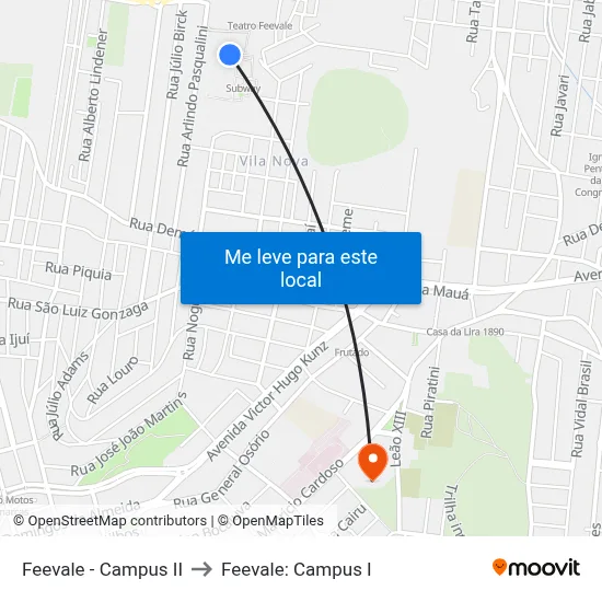 Feevale - Campus II to Feevale: Campus I map