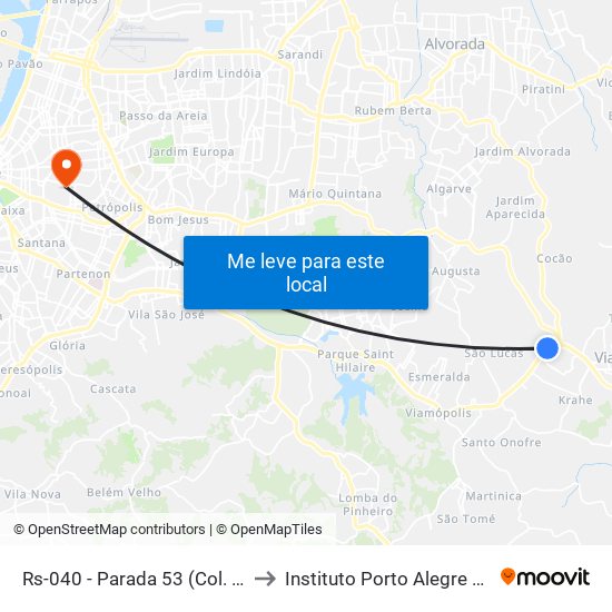 Rs-040 - Parada 53 (Col. Est. Farroupilha) to Instituto Porto Alegre Unidade Central map