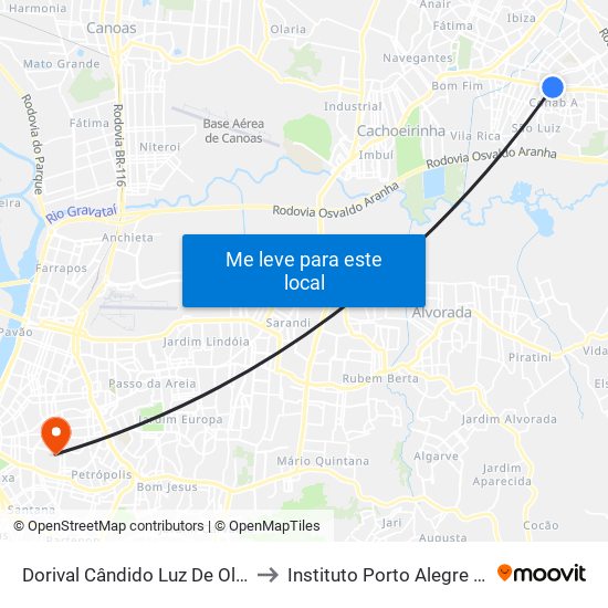 Dorival Cândido Luz De Oliveira - Parada 68 to Instituto Porto Alegre Unidade Central map
