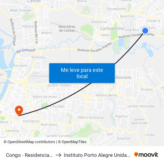 Congo - Residencial Olinda to Instituto Porto Alegre Unidade Central map