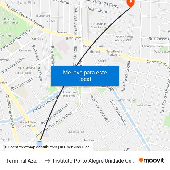 Terminal Azenha to Instituto Porto Alegre Unidade Central map