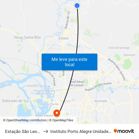 Estação São Leopoldo to Instituto Porto Alegre Unidade Central map