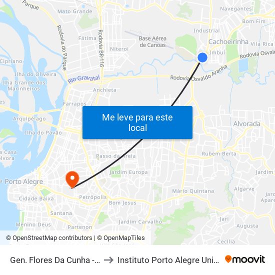 Gen. Flores Da Cunha - Parada 47 to Instituto Porto Alegre Unidade Central map