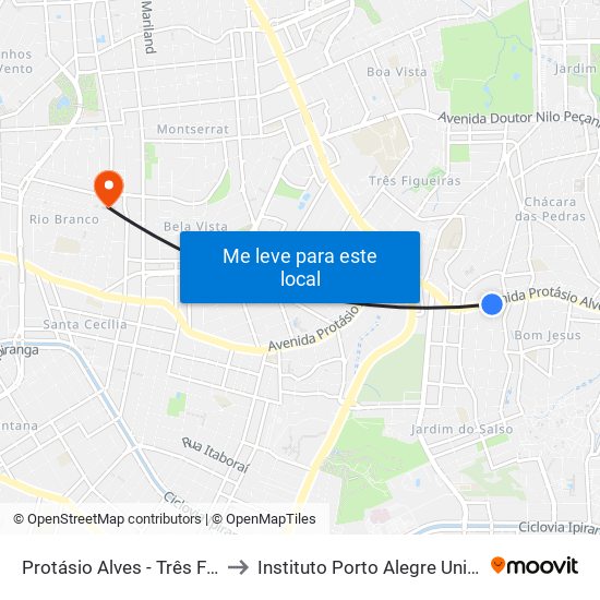 Protásio Alves - Três Figueiras Cb to Instituto Porto Alegre Unidade Central map