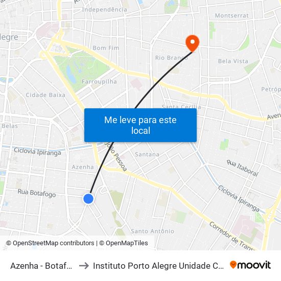 Azenha - Botafogo to Instituto Porto Alegre Unidade Central map