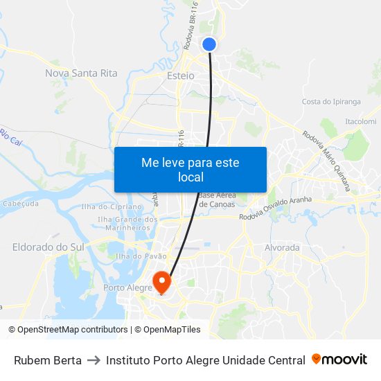 Rubem Berta to Instituto Porto Alegre Unidade Central map