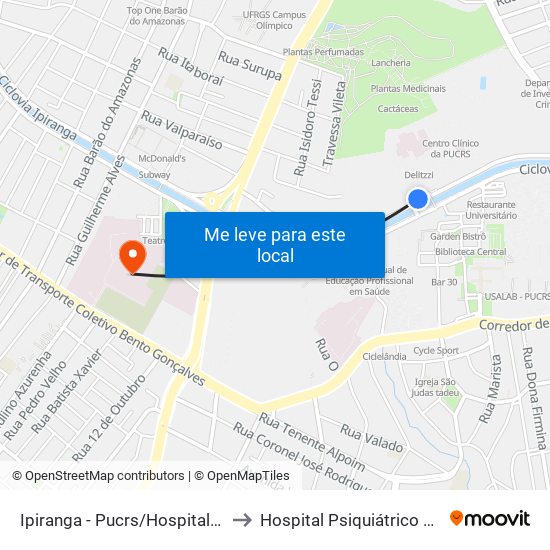 Ipiranga - Pucrs/Hospital São Lucas to Hospital Psiquiátrico São Pedro map