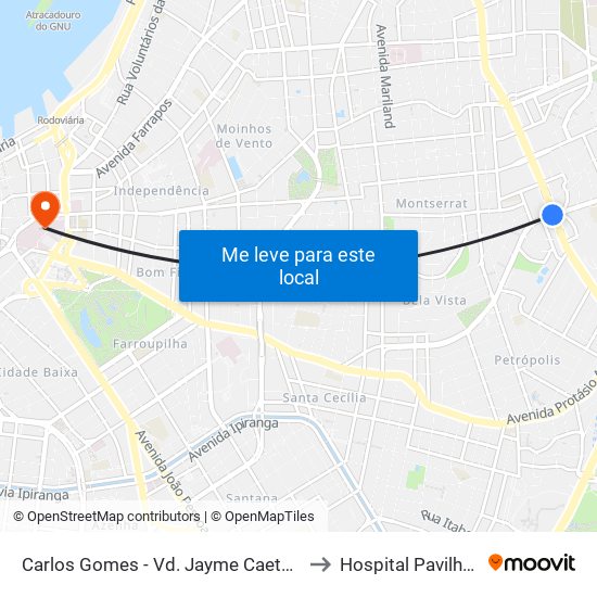Carlos Gomes - Vd. Jayme Caetano Braun Ns (Piso Superior) to Hospital Pavilhão Pereira Filho map