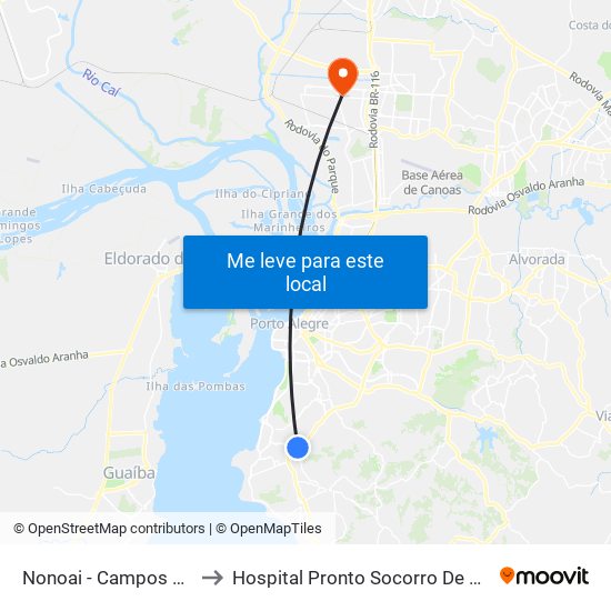 Nonoai - Campos Velho to Hospital Pronto Socorro De Canoas map