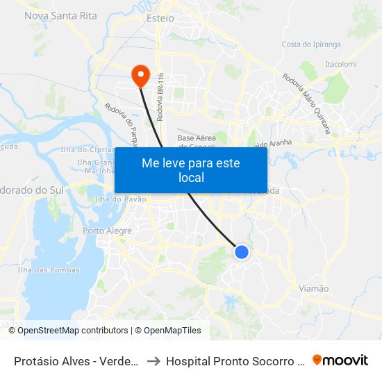 Protásio Alves - Verdes Campos to Hospital Pronto Socorro De Canoas map