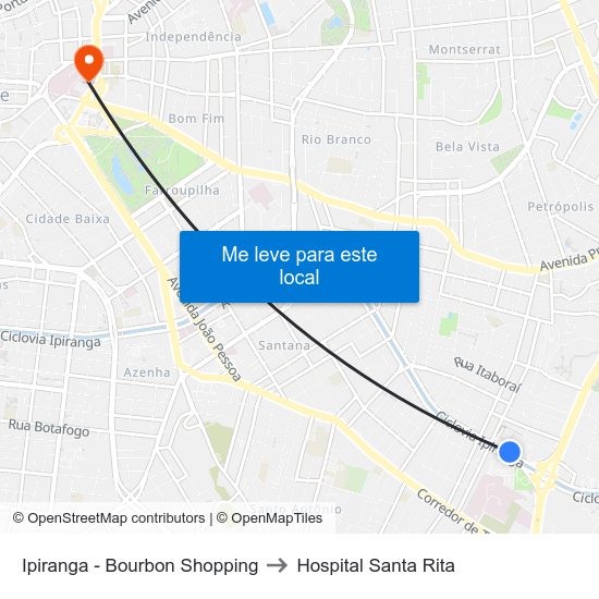 Ipiranga - Bourbon Shopping to Hospital Santa Rita map