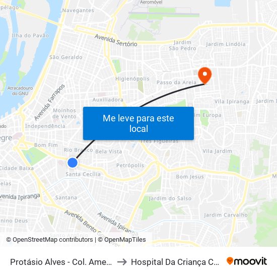 Protásio Alves - Col. Americano Cb to Hospital Da Criança Conceição map