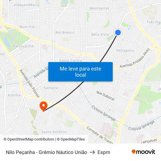 Nilo Peçanha - Grêmio Náutico União to Espm map