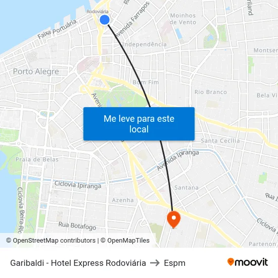 Garibaldi - Hotel Express Rodoviária to Espm map