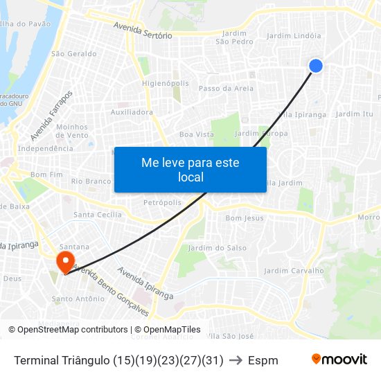 Terminal Triângulo (15)(19)(23)(27)(31) to Espm map