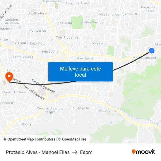 Protásio Alves - Manoel Elias to Espm map