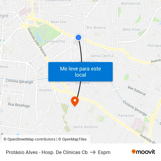 Protásio Alves - Hosp. De Clínicas Cb to Espm map
