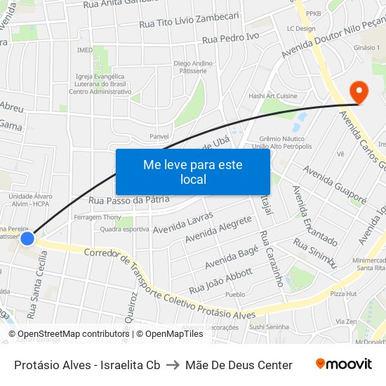 Protásio Alves - Israelita Cb to Mãe De Deus Center map