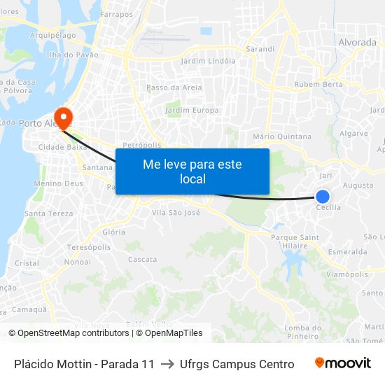 Plácido Mottin - Parada 11 to Ufrgs Campus Centro map