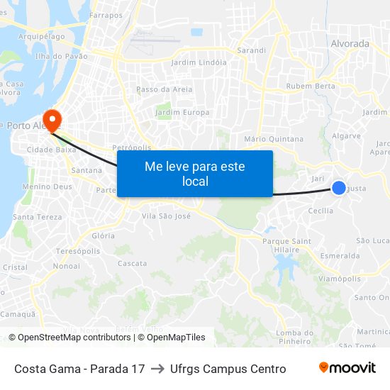 Costa Gama - Parada 17 to Ufrgs Campus Centro map