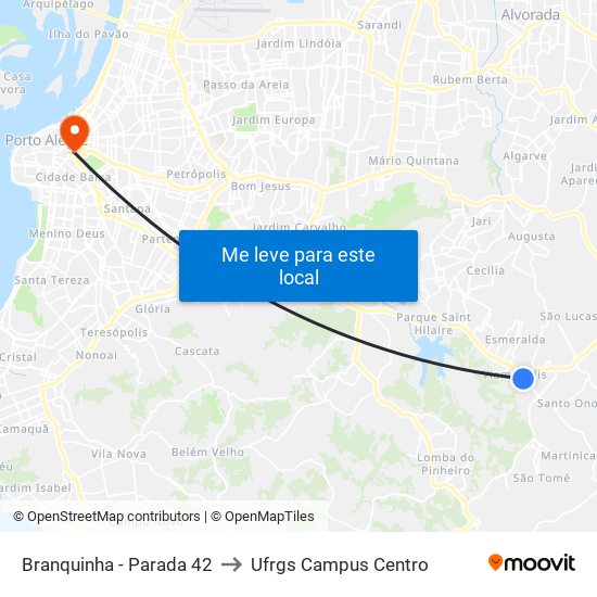 Branquinha - Parada 42 to Ufrgs Campus Centro map