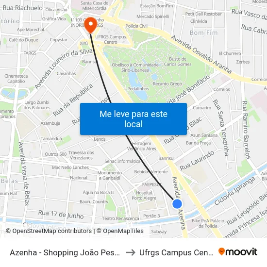 Azenha - Shopping João Pessoa to Ufrgs Campus Centro map