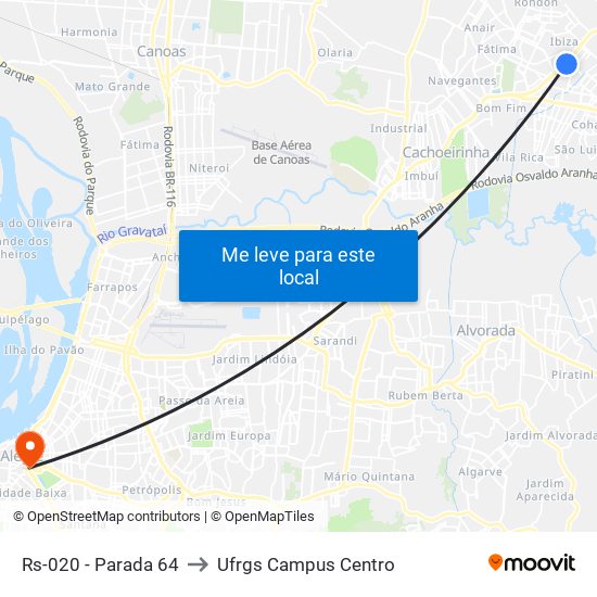 Rs-020 - Parada 64 to Ufrgs Campus Centro map