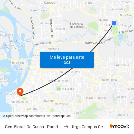 Gen. Flores Da Cunha - Parada 55 to Ufrgs Campus Centro map