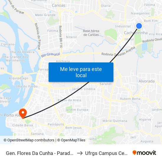 Gen. Flores Da Cunha - Parada 56 to Ufrgs Campus Centro map