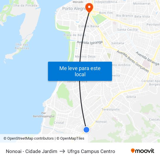 Nonoai - Cidade Jardim to Ufrgs Campus Centro map