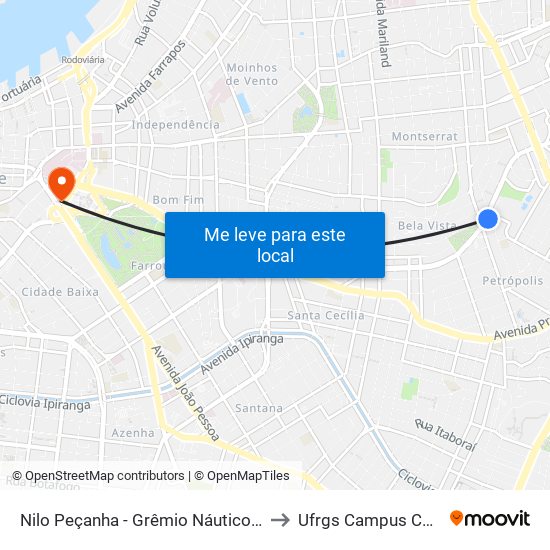 Nilo Peçanha - Grêmio Náutico União to Ufrgs Campus Centro map