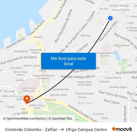 Cristóvão Colombo - Zaffari to Ufrgs Campus Centro map