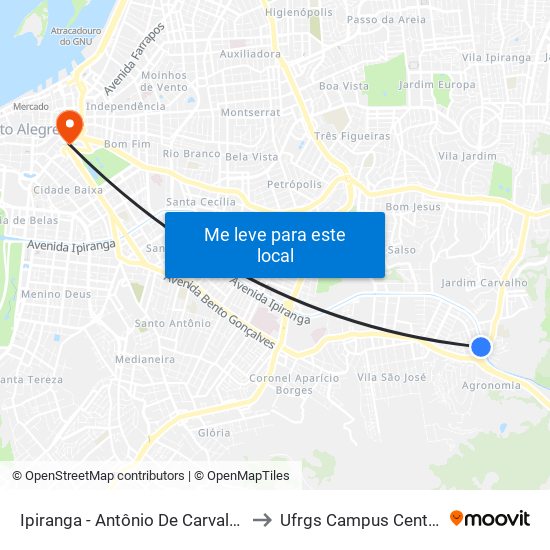 Ipiranga - Antônio De Carvalho to Ufrgs Campus Centro map