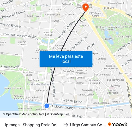 Ipiranga - Shopping Praia De Belas to Ufrgs Campus Centro map