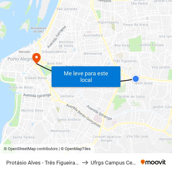 Protásio Alves - Três Figueiras Cb to Ufrgs Campus Centro map